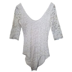 Wishlist Floral Lace Overlay Cream Longsleeve Scoopneck Bodysuit Size M EUC
